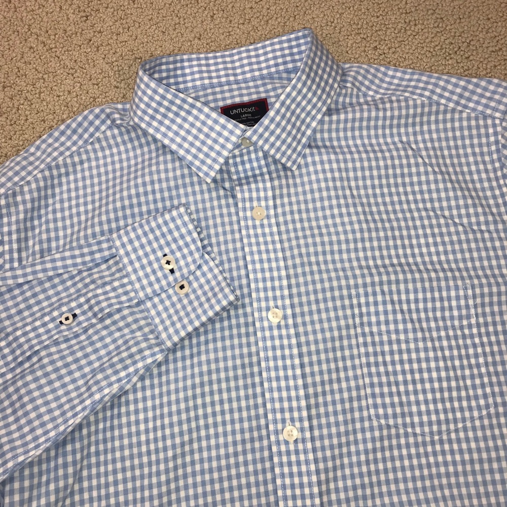 UNTUCKit Mens Large Blue White Gingham Check Wrinkle Free Regular Fit Shirt
